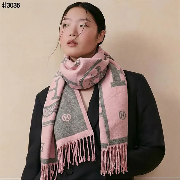 에르메스 H로고 아트워크 울 자카드 태슬 숄 머플러#3035