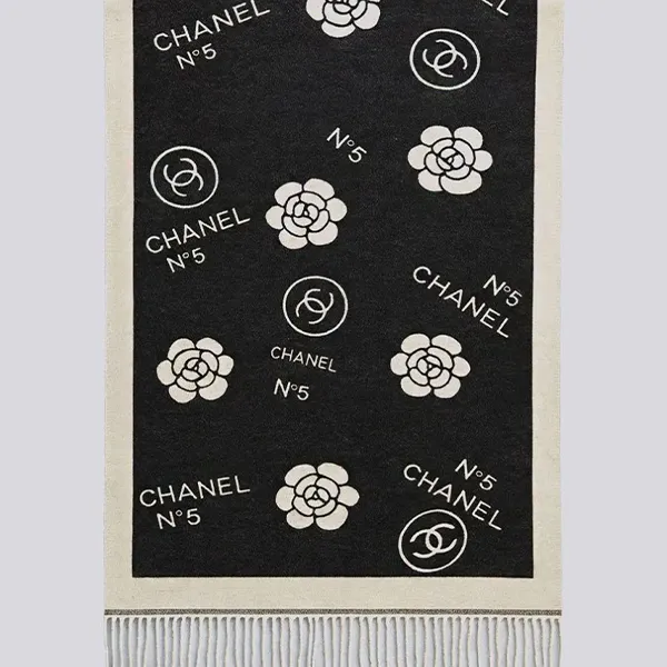 샤넬 넘버 5 까멜리아 아트워크 울 자카드 태슬 숄 머플러#3033