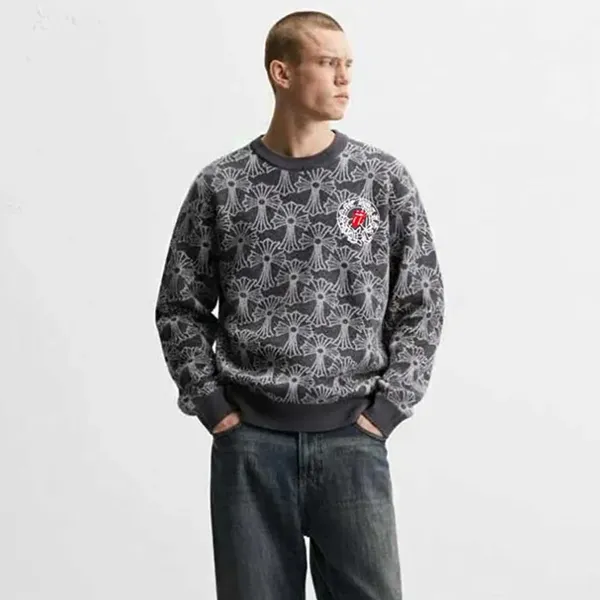 크롬하츠 X 롤링스톤 자수 로고 세메터리 울 자카드 니트 풀오버 #7092
